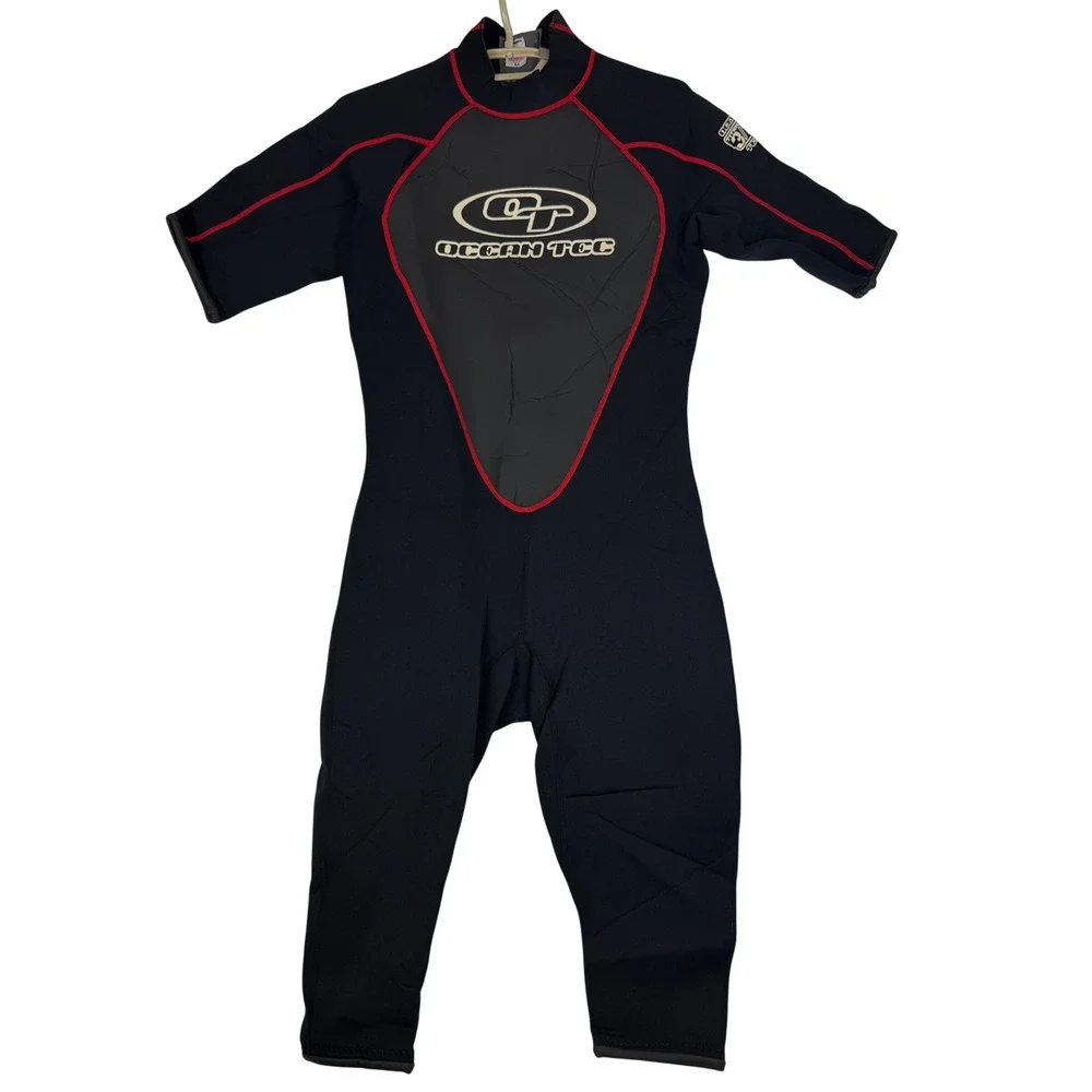 Ocean Tec Wetsuit Men M 3/3 Titanium Tec Short Sleeve Full Leg Black Red USA